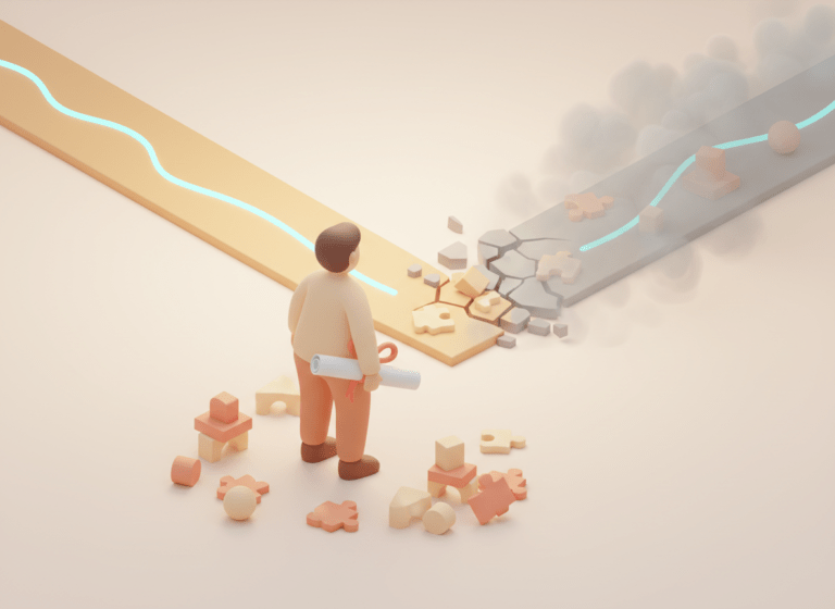 Business leader facing strategic execution gap - path breaking apart with scattered puzzle pieces representing the first-year execution trap