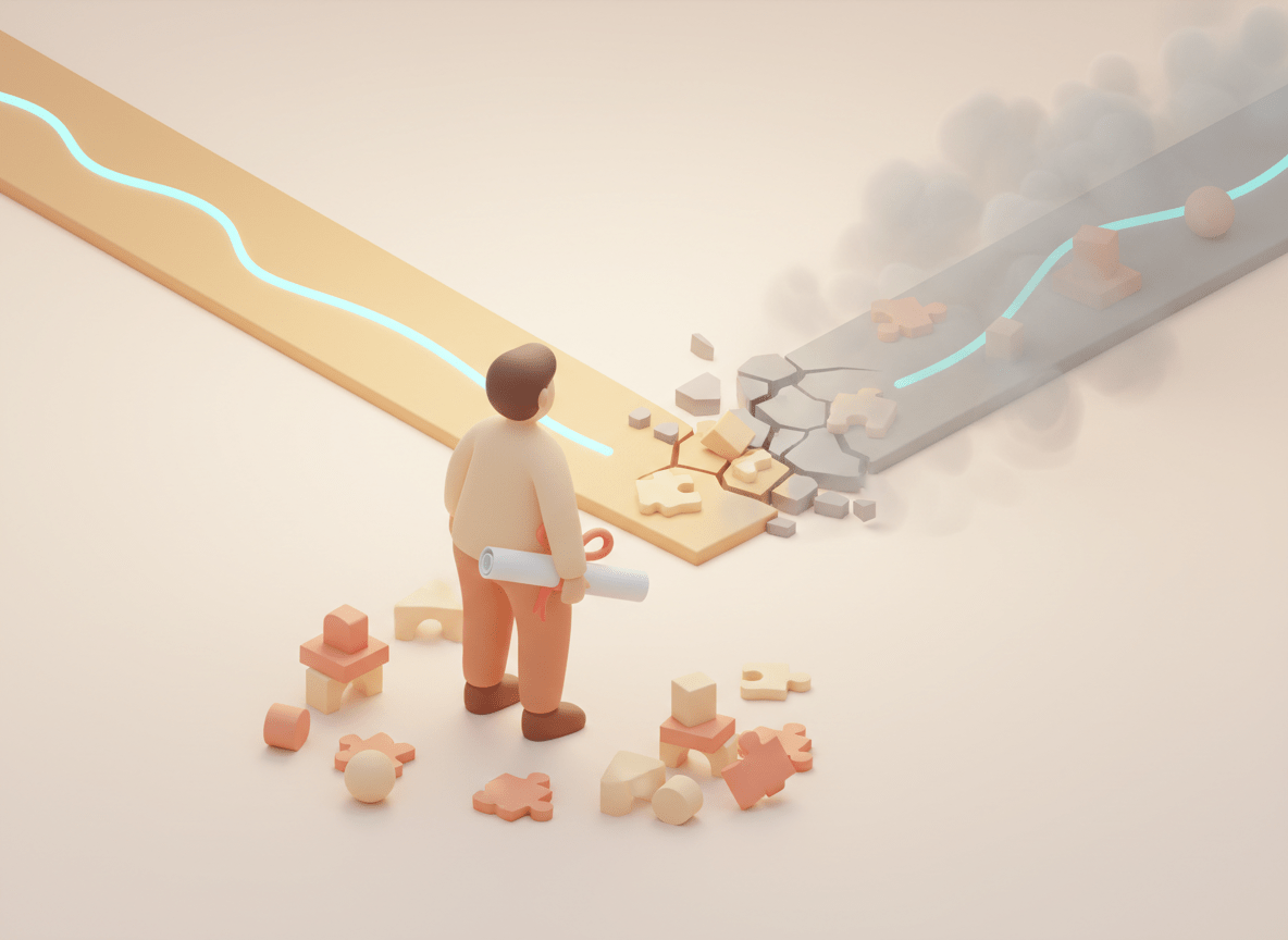 Business leader facing strategic execution gap - path breaking apart with scattered puzzle pieces representing the first-year execution trap