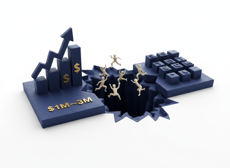 3D illustration showing the execution gap between revenue growth and operational systems for small business strategy execution